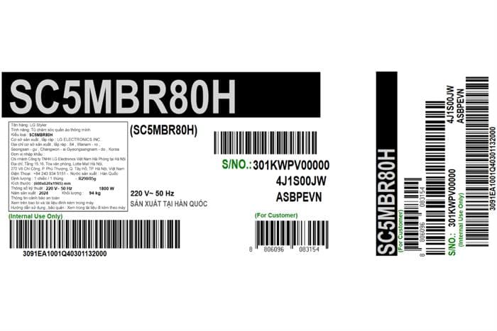 Tủ chăm sóc quần áo thông minh LG Styler Inverter 5 móc SC5MBR80H