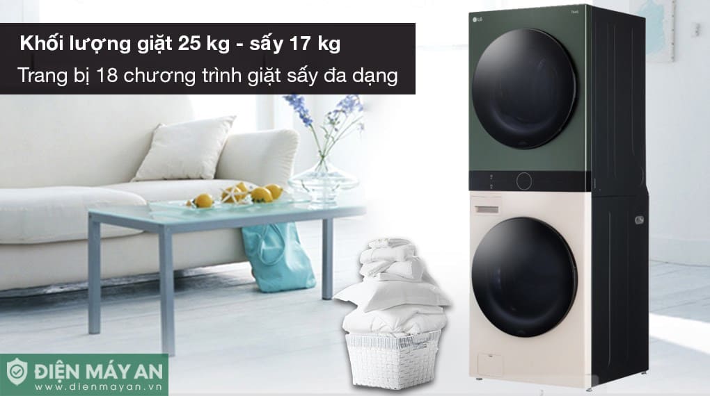 Tháp giặt sấy LG Inverter giặt 25 kg - sấy 17 kg WT2517NHEG