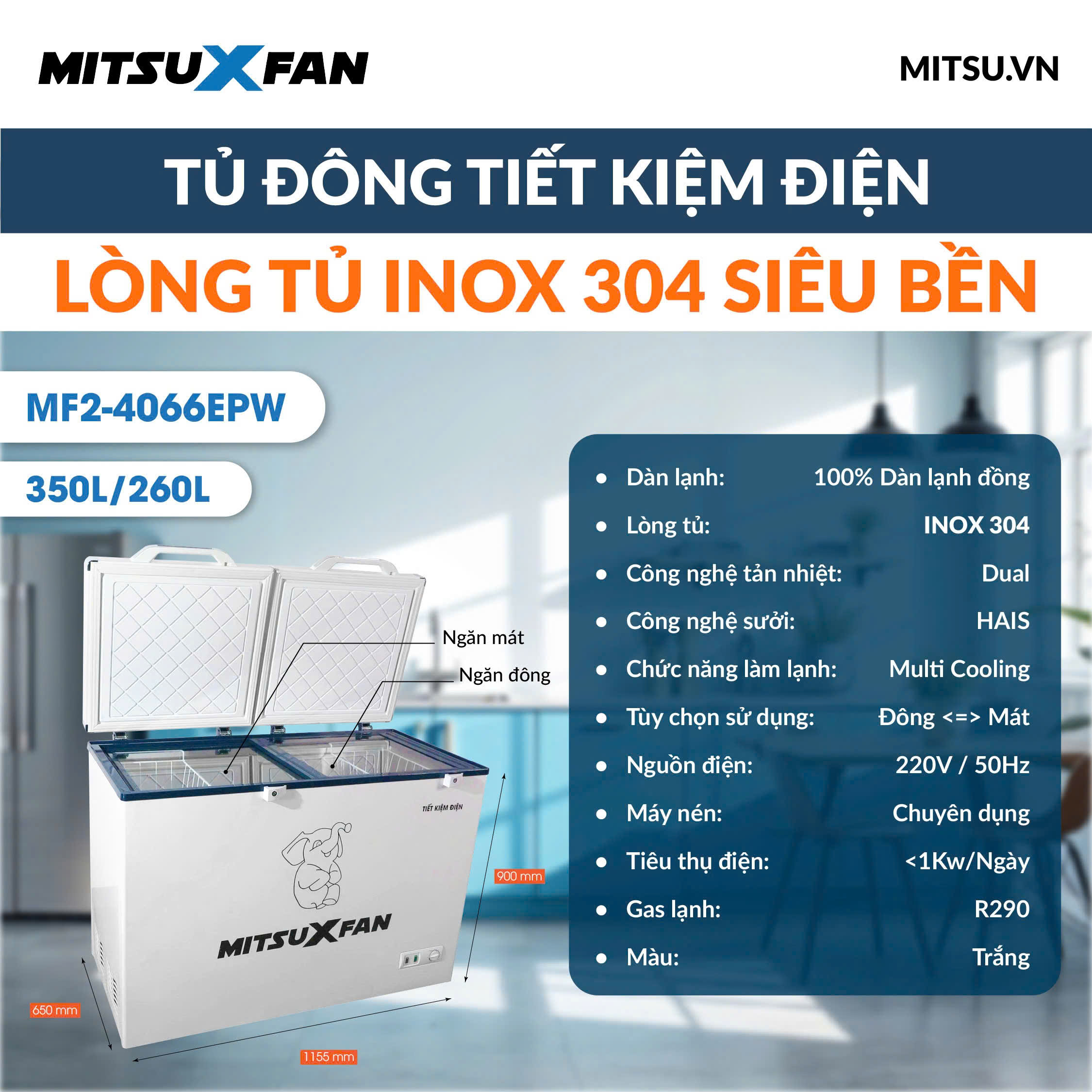 Tủ đông Mitsuxfan MF1-4066EPW lồng inox 304