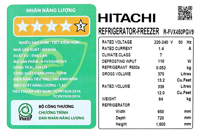 Tủ Lạnh Hitachi Inverter 339 Lít R-FVX450PGV9 GBK