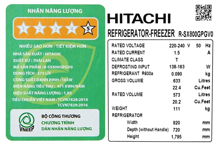 Tủ Lạnh Hitachi Inverter 573 Lít Side By Side R-SX800GPGV0 GBK