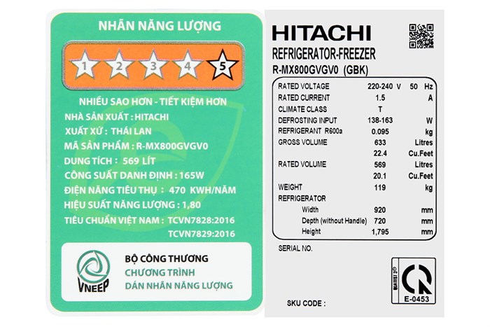 Tủ Lạnh Hitachi Inverter 569 Lít Side By Side R-MX800GVGV0 GBK
