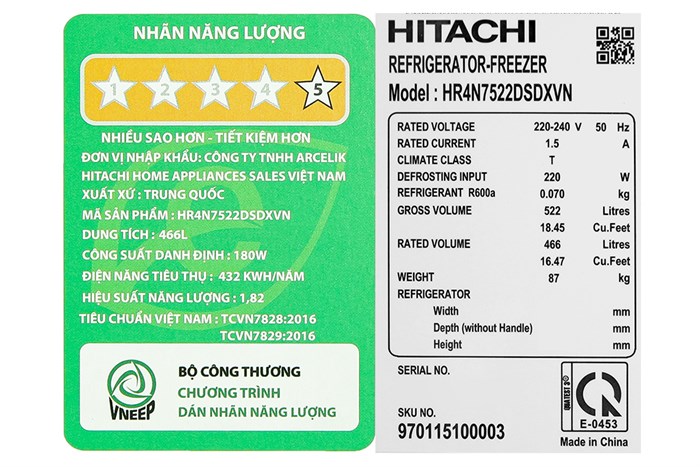 Tủ Lạnh Hitachi Inverter 466 Lít Multi Door HR4N7522DSDXVN
